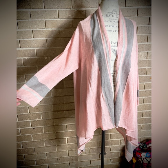 GARNET HILL Pink and Gray 100% Linen Knit Open Front Waterfall Cardigan - Picture 2 of 5